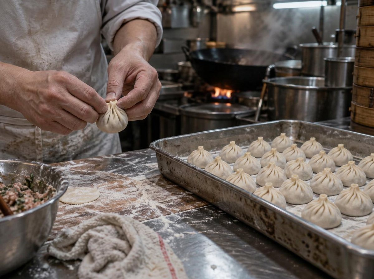 En kock viker xiaolongbao på ett mjölat träbord i köket